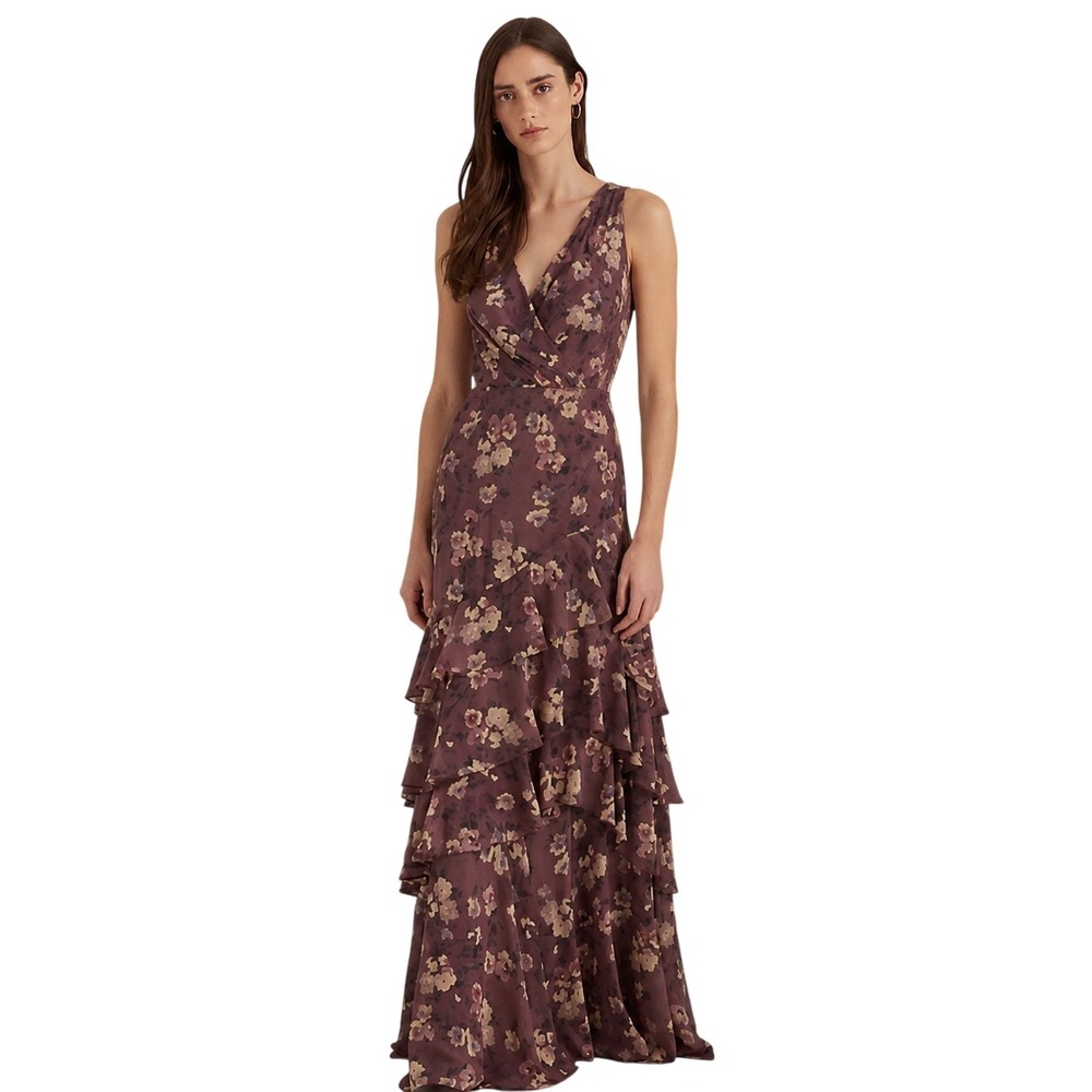 Ralph Lauren Maxi Dress Georgette Chiffon Floral Layered‎ Ruffles Cottagecore 8
